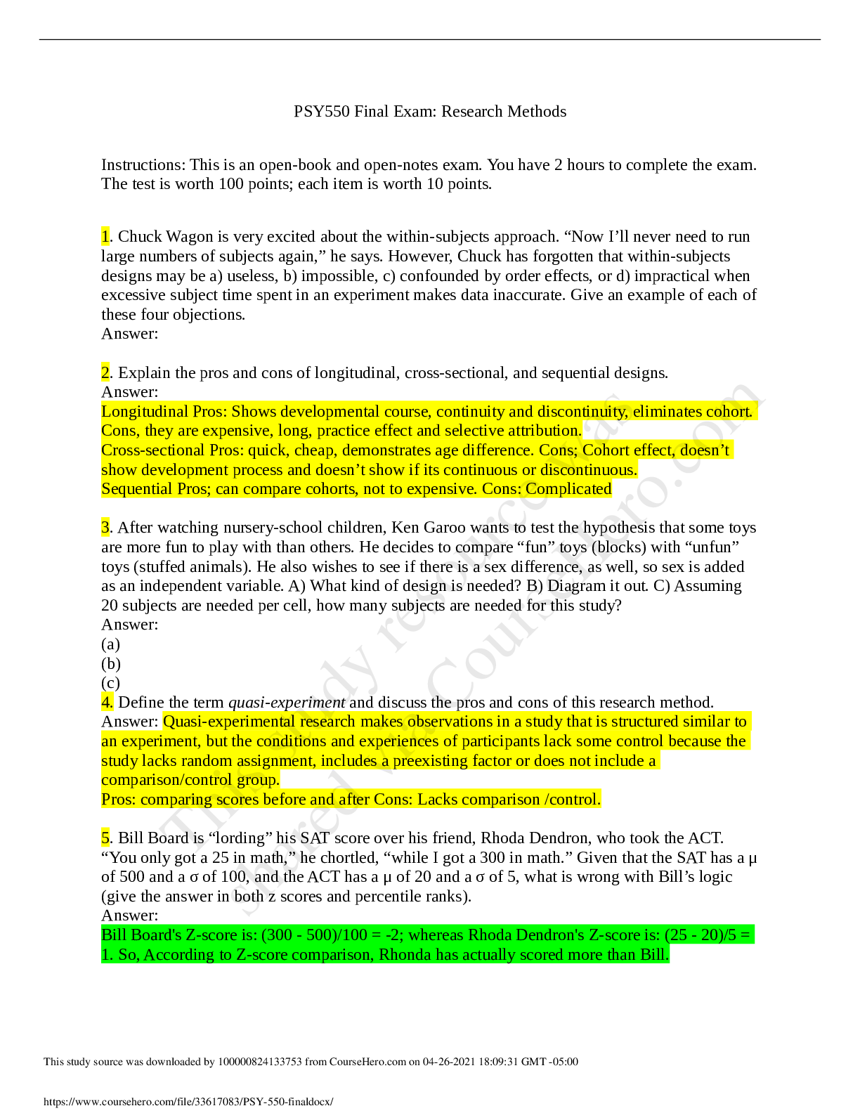 Preview of PSY 550-Research Methods-FINAL EXAMINATION 2020 - Grand Canyon University